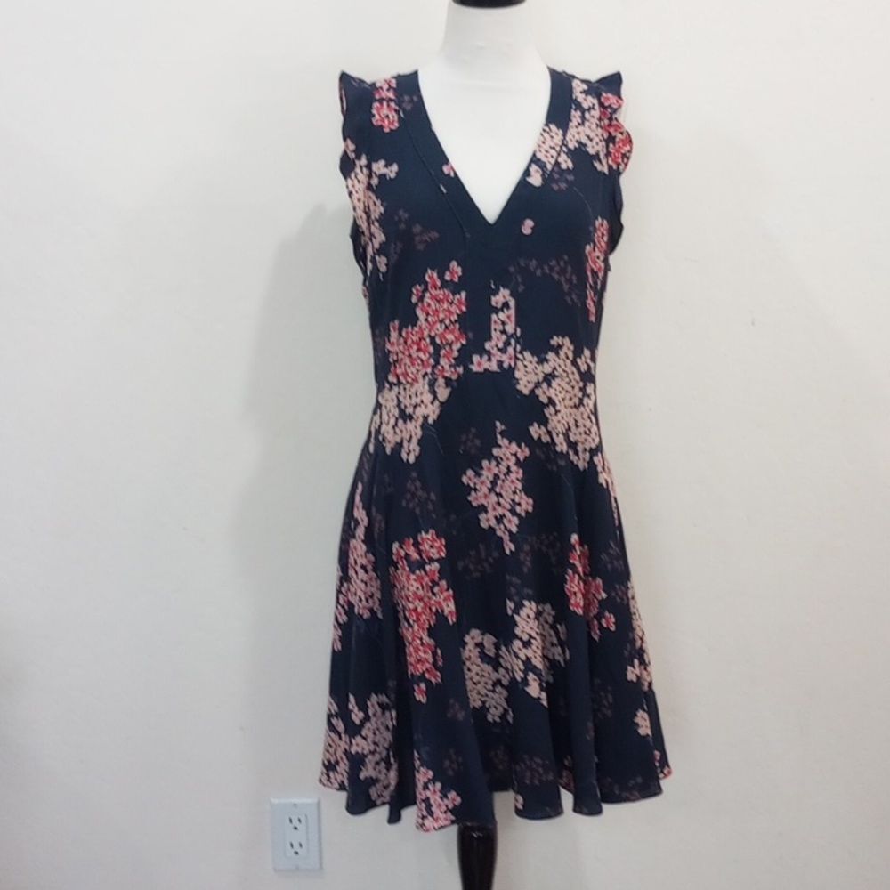 Rebecca Taylor Navy & Pink Cherry Blossom Phlox Floral Silk Dress, Size 8